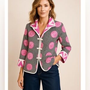 PATTY KIM Blazer Floral Quilted 100% Cotton Asian Inspired Size XL